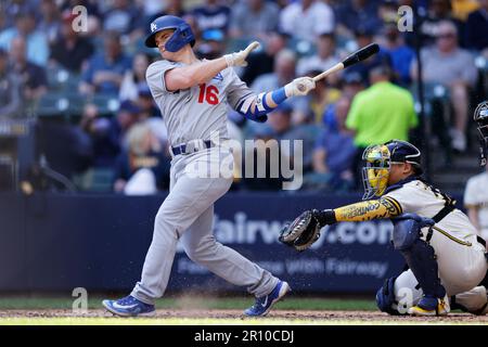 MILWAUKEE, WI - MAY 10: Los Angeles Dodgers third baseman Chris Taylor (3)  bats during an MLB game against the Milwaukee Brewers on May 10, 2023 at  American Family Field in Milwaukee