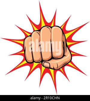 powerful punching fist front view with comic blast illustration vector on white background Stock Vector