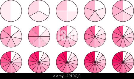 Circle segments collection. Shades of red pink color pie diagrams set. Round sections and slices pack. From 2 to 16 segments of infographic charts. Different phases and stages of cycle. Vector bundle Stock Vector