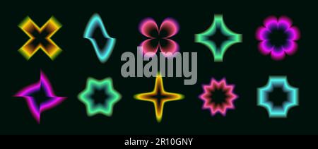 Y2k neon gradient flowers, stars, waves, crosses set. Blurred aura of different shapes collection. Abstract glowing trendy elements for logo, templates, badges, stickers. Vector pack  Stock Vector