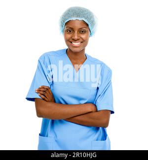 Ill be right by your side the whole time. Studio shot of a confident young doctor posing against a white background. Stock Photo