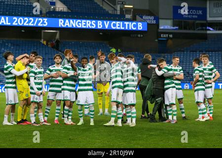 Glasgow, UK. 10th May, 2023. The final of the City of Glasgow Cup was played at Ibrox stadium between Rangers FC B Team and Celtic B Team. After full time, the score was 3 - 3 and the match went to penalties. After 14 penalties Celtic won 4 - 3 and a thrilling shoot-out, the final, winning penalty was scored by Corrie Thomson, Celtic number 15. Scoring during the game was Adam Brppks, Celtic number 9 , 2goals. Rocco Vata, Celtic number 7, 1 goal. Alex Lowry, Rangers number 8, penalty, Zak Lovelace Rangers number 7 and Tony Weston Rangers number 18. Credit: Findlay/Alamy Live News Stock Photo