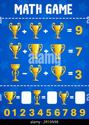 Math game worksheet, cartoon golden yellow stars, vector kids ...