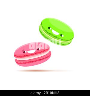 Cartoon green and pink macaron characters. French macaroon cake vector personages with cute smiling faces. Funny sweet food and pastry dessert emojis of strawberry and pistachio flavored cookies Stock Vector