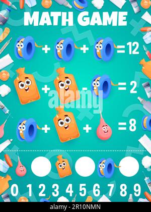 Math game worksheet cartoon adhesive patch, enema and heating pad. Vector mathematics riddle for children education with medical tools characters. Fun arithmetic and calculation learning brainteaser Stock Vector