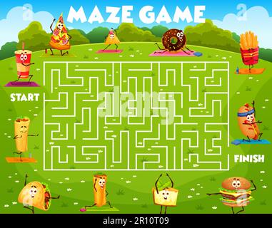 Labyrinth maze game, cartoon fast food yoga characters, vector worksheet puzzle. Funny fast food pizza, cheeseburger and burrito, donut with cheesecake and fries on kids labyrinth escape quiz Stock Vector