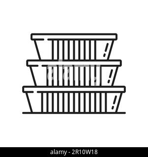 Plastic food containers takeaway boxes packages isolated outline icon. Vector foil, styrofoam or cardboard boxes set, fastfood lunch packaging Stock Vector