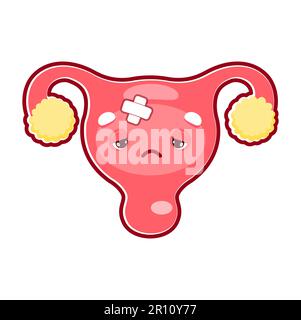 Sick uterus with pain ache or disease. Sad cartoon character uterus ...