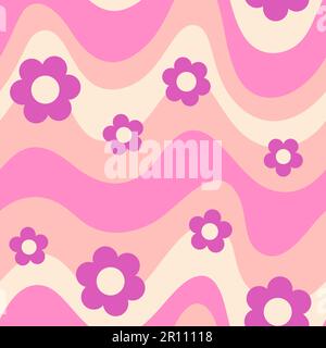 Groovy Waves and Daisy Flowers Seamless Pattern. Psychedelic Curved Vector Background in 1970s Hippie Retro Style for Print on Textile, Wrapping Paper Stock Vector