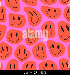 Groovy Melting Smiling Faces Seamless Pattern. Psychedelic Distorted Emoji Vector Background in 1970s Hippie Retro Style for Print on Textile Stock Vector