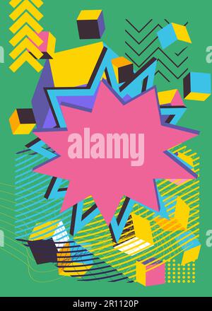 Busy explosion geometric shapes background. Abstract vintage random geometry template. Simple vibrant colors geometrical graphic art poster. Stock Vector