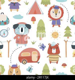 Seamless pattern with cute animals in the camp on a white background. Vector illustration in flat cartoon style for kids print t-shirt, kids camp Stock Vector