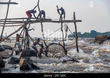 Indigenous fishermen from the Wagenya tribe, Congo river, Kisangani, DR Congo Stock Photo