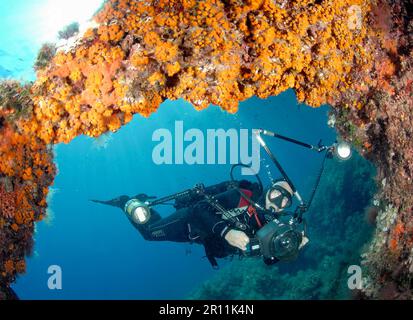 Underwater photographer in the Mediterranean, underwater camera, underwater photography, underwater photos Stock Photo