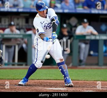 MAY 10, 2023: Kansas City Royals second baseman Michael Massey (19) drives  an RBI single in the first inning at Kauffman Stadium Kansas City,  Missouri. Jon Robichaud/CSM.(Credit Image: © Jon Robichaud/Cal Sport