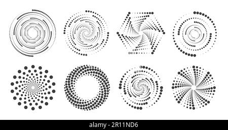 Dotted circles pattern. Abstract half tone graphic set. Circular textured round spiral frames. Vector swirl geometric rings with gradation. Stock Vector