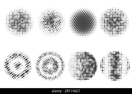 Circle dots with halftone pattern. Round gradient background. Elements with gradation points texture. Abstract geometric shapes. Vector set Stock Vector
