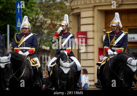Bucharest, Romania. 10th May, 2023: Soldiers and horses from the Honor Guard during the military ceremony on the occasion of the National Day of Royalty, in Bucharest. Credit: Lucian Alecu/Alamy Live News Stock Photo