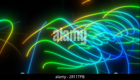 Abstract multi-colored rainbow neon energy laser lines flying on a black background. Stock Photo