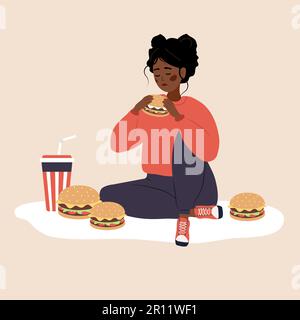 Eating disorder. Depressed african woman eating fast food. Concept of extreme overeating. Bad habits. Food addiction. Vector illustration in flat Stock Vector