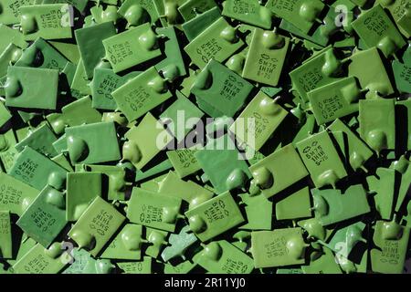 Many vintage green ceramic capacitors,close up, electronics industrial background. Old radio components from the times of the Soviet Union Stock Photo
