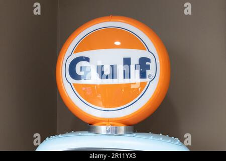 Bordeaux , Aquitaine  France - 05 09 2023 : gulf motor oil old petrol station sign brand and text logo on pump ancient chain fuel Stock Photo