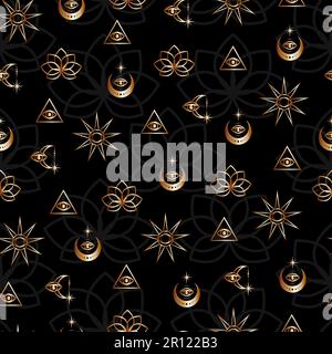 Golden esoteric symbols on a black background seamless pattern. Moon star sun astrological signs, vector print Stock Vector