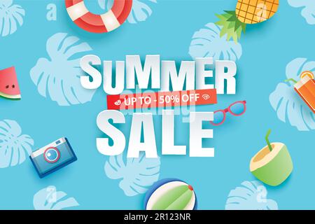 Summer sale with decoration origami on blue sky background. Paper art and craft style. Stock Vector
