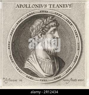 Apollonius of Tyana, Greek Neopythagorean philosopher, c.3-97 AD. From the town of Tyana in the Roman province of Cappadocia in Anatolia. Profile of bearded man in laurel crown. Apollonius Teaneus. Copperplate engraving after an illustration by Joachim von Sandrart from his L’Academia Todesca, della Architectura, Scultura & Pittura, oder Teutsche Academie, der Edlen Bau- Bild- und Mahlerey-Kunste, German Academy of Architecture, Sculpture and Painting, Jacob von Sandrart, Nuremberg, 1675. Stock Photo