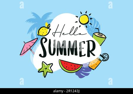 Hello summer hand drawn style with decoration on blue background. Stock Vector