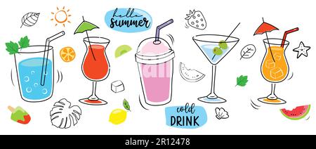 Tropical drinks summer set menu. Cold drinks with hand drawn illustration. Fruit smoothie, cocktails, alcoholic drinks. Stock Vector