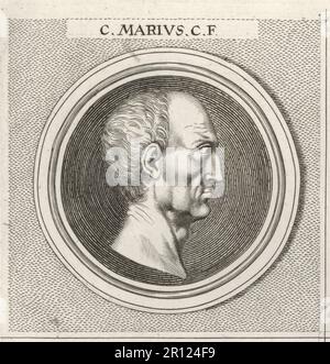 Gaius Marius, Roman general and politican, c.157-86 BC. Victor of the Cimbric and Jugurthine wars, he held the office of consul an unprecedented seven times. C. Marius C.F. Copperplate engraving after an illustration by Joachim von Sandrart from his L’Academia Todesca, della Architectura, Scultura & Pittura, oder Teutsche Academie, der Edlen Bau- Bild- und Mahlerey-Kunste, German Academy of Architecture, Sculpture and Painting, Jacob von Sandrart, Nuremberg, 1675. Stock Photo