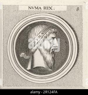 Numa Pompilius, legendary second king of Rome, c.753–672 BC. Credited with the invention of the Roman calendar, Vestal Virgins, the cults of Mars, Jupiter and Romulus, and the office of pontifex maximus. Numa Rex. Copperplate engraving after an illustration by Joachim von Sandrart from his L’Academia Todesca, della Architectura, Scultura & Pittura, oder Teutsche Academie, der Edlen Bau- Bild- und Mahlerey-Kunste, German Academy of Architecture, Sculpture and Painting, Jacob von Sandrart, Nuremberg, 1675. Stock Photo