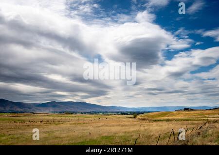 Cloud formations over grasslands, near Omakau, Central Otago, South Island, New Zealand Stock Photo