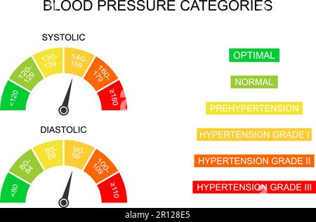 Blood pressure systolic and diastolic charts as dial dashboards with arrows. Hypertension test infographic tool isolated on white background. Vector flat illustration Stock Vector