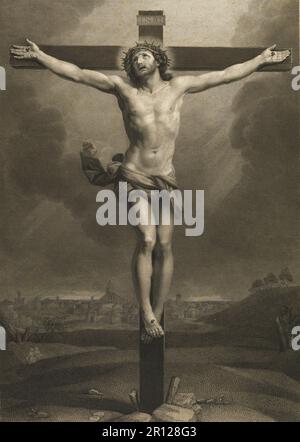 The crucifixion, execution, of Jesus of Nazareth, Christ, Good Friday, Golgotha, Christ on the cross, in the background a city, after Guido Reni, 1870, Historical, digitally restored reproduction from a 19th century original. Stock Photo