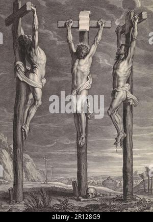 The Crucifixion, Execution, of Jesus of Nazareth, Christ, Good Friday, Golgotha, Christ on the cross between the two crucified criminals, 1630, Holland, Historical, digitally restored reproduction from a 19th century original. Stock Photo