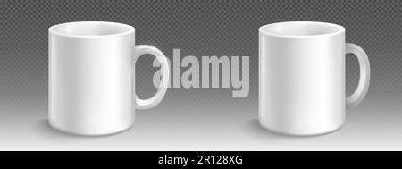 Realistic set of white mug mockups isolated on transparent background. Vector illustration of big ceramic cups with handles for drinking beverages, hot tea or coffee at home or in office. Place for branding Stock Vector