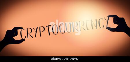 Cryptocurrency - human hands holding black silhouette word, gradient background Stock Photo