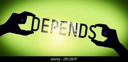 Depends - human hands holding black silhouette word Stock Photo - Alamy