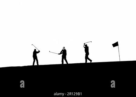 Golf silhouette showing 3 golf swings and flag. High contrast photograph Stock Photo