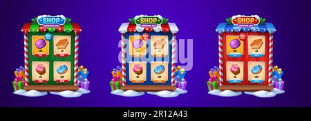 Christmas game shop frame with sweets on wooden shelves. Vector cartoon illustration of holiday store selling delicious donuts, cakes, desserts. Window decorated with garlands, gift boxes and snow Stock Vector