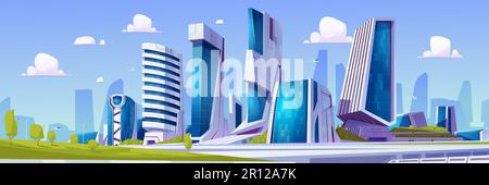 Cartoon futuristic city with green park. Vector illustration of modern skyscrapers with glass walls, aircraft flying between houses, eco garden with lawn and trees. High tech urban architecture Stock Vector