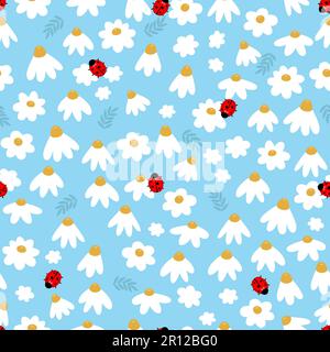 Seamless pattern with delicate white camomile flowers and ladybugs Stock Vector