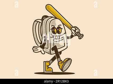 Mascot character design of a school bag holding a baseball stick in vintage style Stock Vector