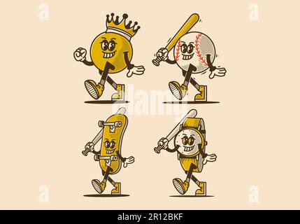 some mascot characters of ball head, baseball ball, skate board and watch in vintage style Stock Vector