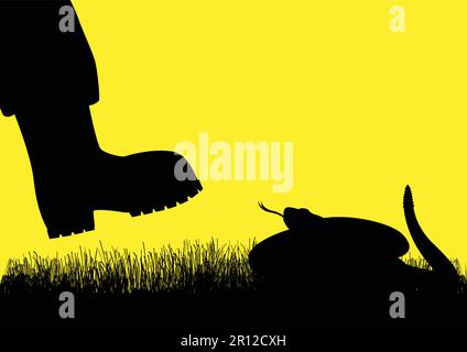 Silhouette illustration of a man with boots approaching rattlesnake Stock Vector