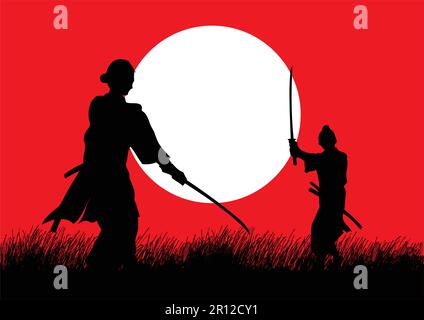 Two Samurai in duel stance facing each other on grass field Stock Vector