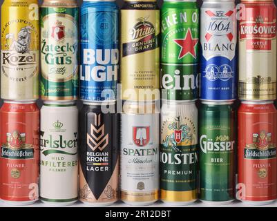 Samara, Russia - April 2022. Front view of various international brands beer cans Stock Photo