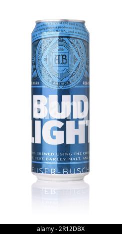 Samara, Russia - May 2022. Front view of Bud Light beer can isolated on white Stock Photo